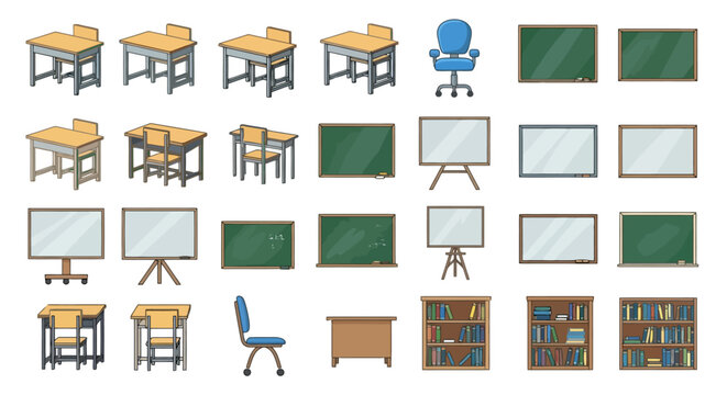Collection of various school and office furniture, including desks, chairs, blackboards, whiteboards, and bookshelves.