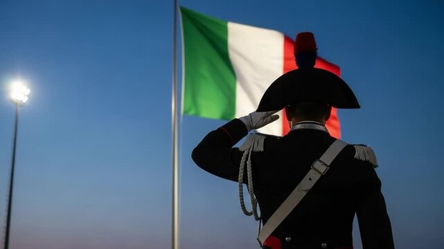 Italian Carabinieri Officer Saluting in Uniform Before National Flag at Dusk