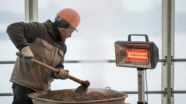 Construction Worker Using Infrared Heater for Winter Concrete Curing Process