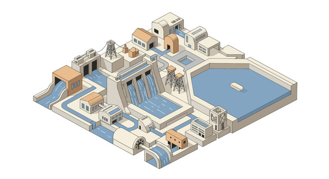 Isometric Hydroelectric Power Plant and Water Management System.