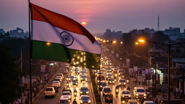 Indian national flag waving over a busy urban city street during sunset with heavy traffic congestion