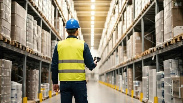 Male Warehouse Inventory Manager Using Barcode Scanner in Logistics Center