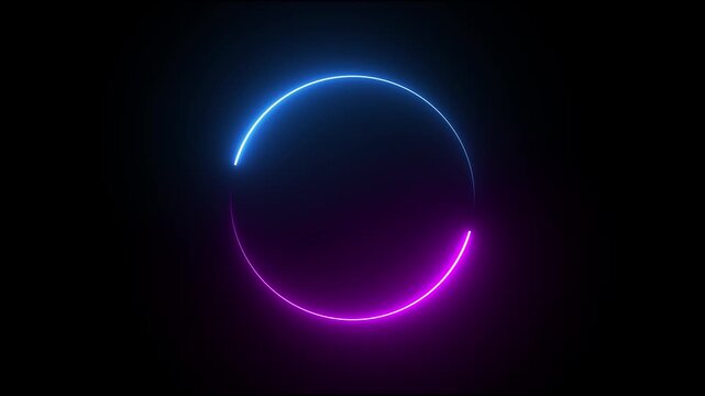 Bright neon circular line frame repetitive animation on black background. Beautiful colorful neon circle frame loading icon.
Glowing neon abstract light circle background.