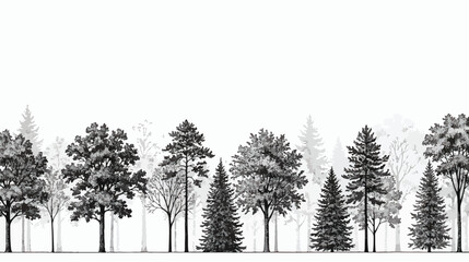Vintage hand drawn forest trees border, black and white engraved woodcut style woodland vector, coniferous and deciduous tree silhouettes on white background © Shahzad