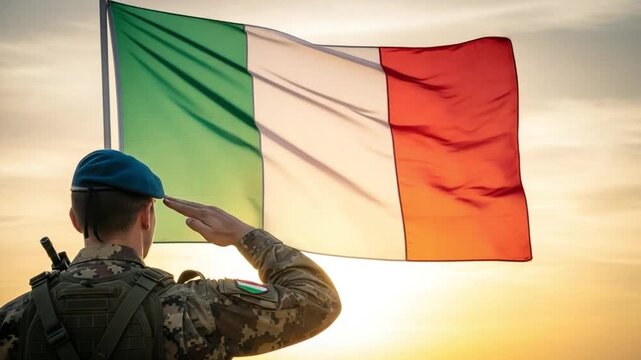 Young male soldier in camouflage uniform saluting the Italian flag at sunset