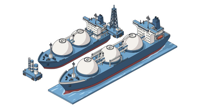 Isometric Illustration of LNG Tanker Ships and Floating Storage Unit.