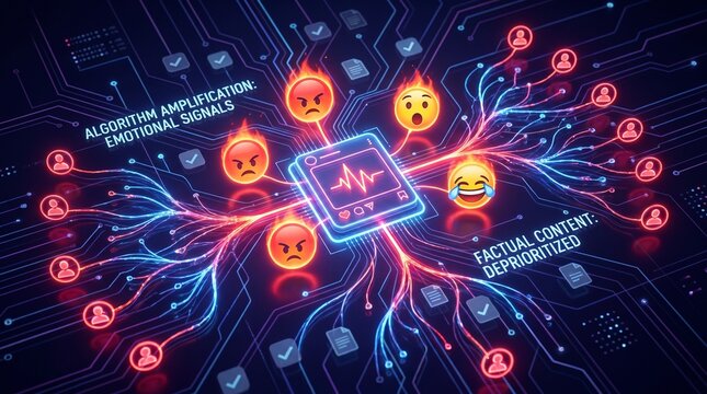 Conceptual illustration of social media algorithm amplification prioritizing emotional signals like anger and shock over factual content.