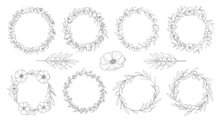 Fototapeta premium Elegant Hand Drawn Floral Wreaths and Botanical Elements Collection.