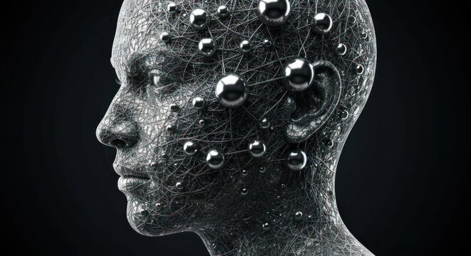 Metallic human head with water droplets.