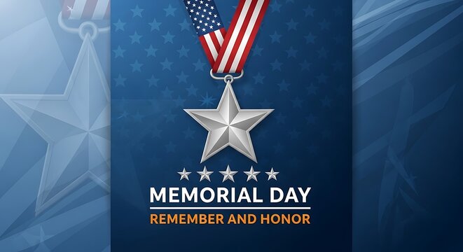 Memorial Day patriotic background with silver star medal, American flag ribbon for military remembrance, patriotic honor and respect banner