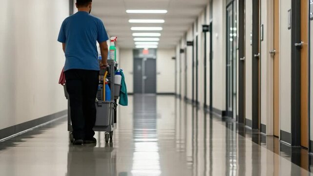 Male healthcare facility sanitation worker pushing a cleaning cart in a bright hospital hallway