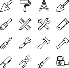 Obraz premium Collection of sixteen black line construction and repair tool including a trowel paint roller compass shovel brush pencil ruler wrench saw screwdriver hammer axe pliers and chainsaw