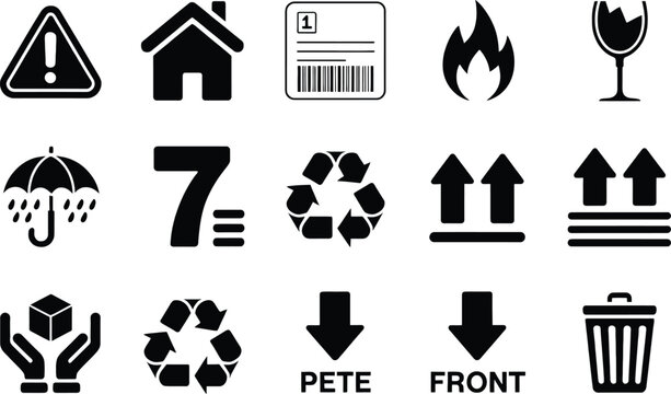 Collection of black shipping and handling including warning triangle house barcode fire flame broken glass umbrella rain number seven recycling arrows upward arrows fragile package hands p e t e label