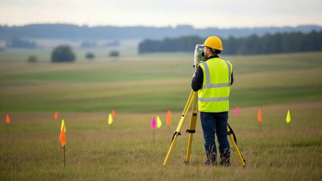 Male Land Surveyor Conducting Topographic Site Assessment for Rural Property Development