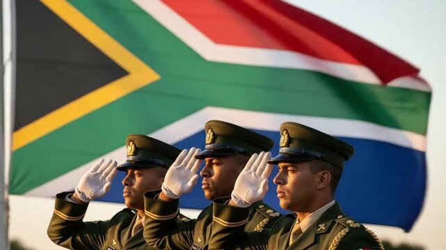 Three young male soldiers in military uniform saluting in front of a waving South African national flag