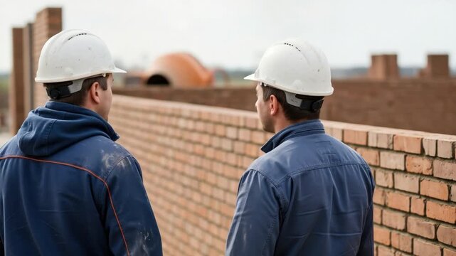 Two Professional Male Masons Inspecting Brick Wall for Quality Control on Construction Site