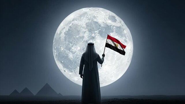 Arab man in traditional thobe holding Egyptian flag silhouette against full moon and ancient pyramids at night