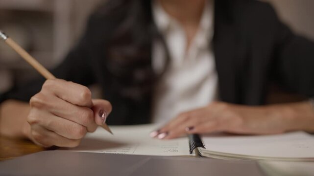 Hand writing notebook with pencil office desk, woman taking notes paper planner, blurred business meeting background, close up of hand writing notebook pencil desk office woman note paper planner