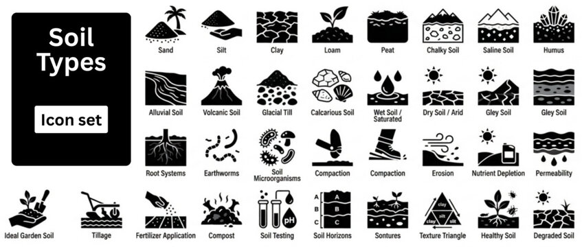 Silhouette vector of Soil Types icon set. Soil Types icon set. Soil Types Icons. filled icon set of land and soil types: clay soil, sandy soil, loamy soil, rocky ground, wetland edge,
