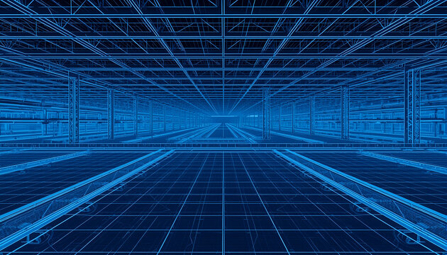 Warehouse interior features a vast symmetrical grid of glowing blue structural beams and floor markings, illustrating a digital architectural blueprint for large scale modern industrial logistics.