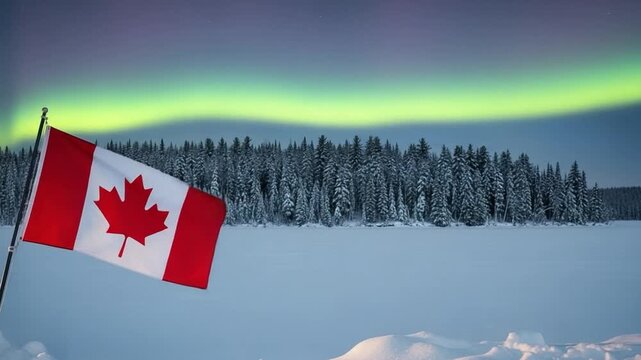 Canadian flag waving over a frozen winter landscape with aurora borealis northern lights in the night sky