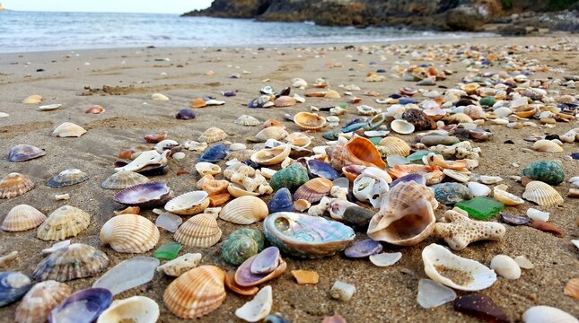 A collection of colorful seashells and sea glass scattered on a sandy tropical beach.