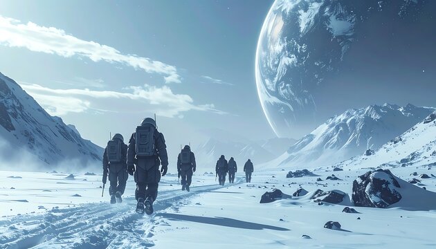 A group of people walk through a snowy landscape