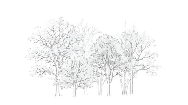 Minimalist hand drawn winter trees vector, bare deciduous forest landscape sketch, light gray line art woodland illustration for seasonal design