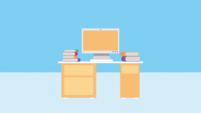 A motion graphic animation of a dynamic office desk setup with books and a computer displaying text, perfect for business or educational content.