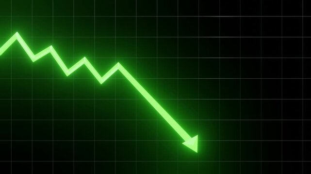 Neon green arrow pointing down on black grid background, concept of stock market crash and economic decline.