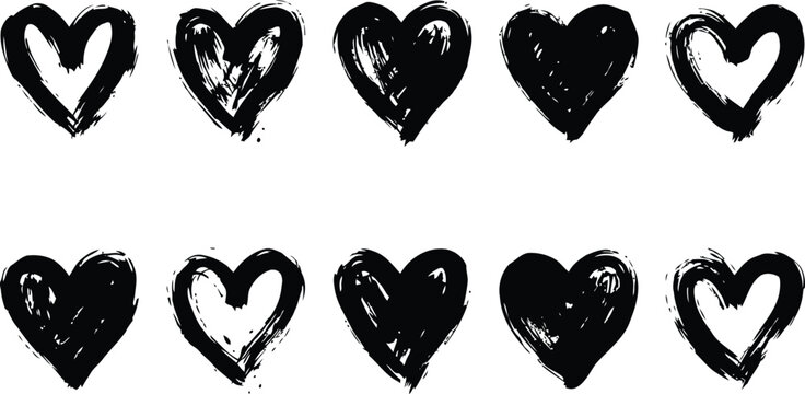 Set of hand drawn black hearts vector with collection valentine illustration likeness