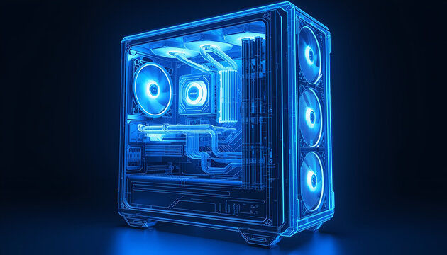 Gaming computer tower featuring a transparent side panel and illuminated cooling fans stands as a high performance hardware solution for professional digital content creators and gaming enthusiasts.