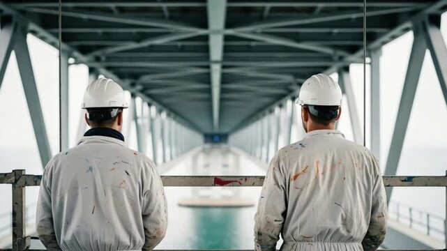 Two male industrial painters in white overalls and hard hats inspecting bridge structural steel