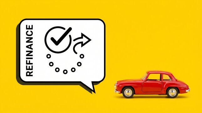 Refinance car loan concept, red vintage toy car on yellow background, auto financing and debt restructuring icon in speech bubble