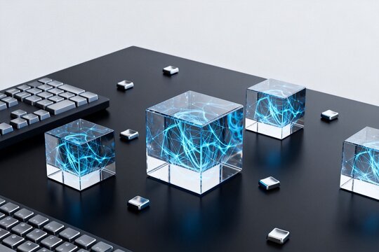 Glass cubes with blue light patterns on desk