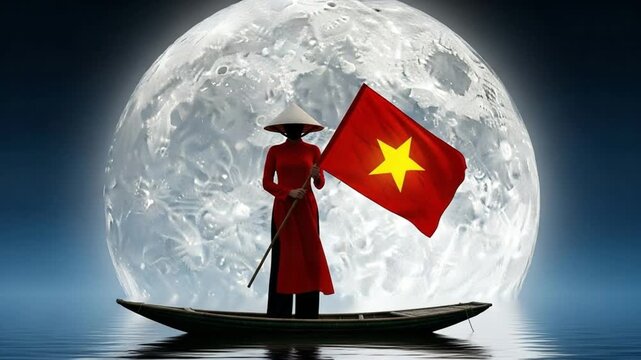 Vietnamese woman in traditional ao dai and conical hat holding national flag on wooden boat under giant full moon