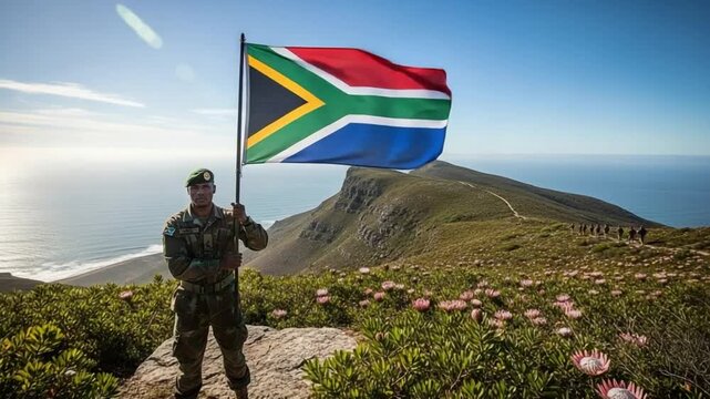 Young male soldier in camouflage uniform holding South African flag on mountain ridge with protea flowers