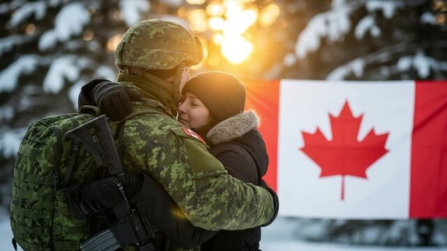 Canadian soldier in camouflage uniform hugging his wife in winter landscape with national flag background