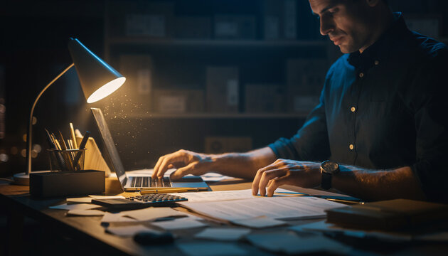 Sole proprietor working late on bookkeeping and accounting tasks at desk
