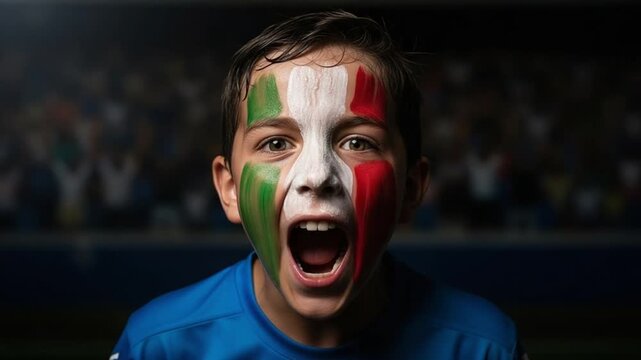 Young Italian boy cheering with national flag face paint at a stadium sports event