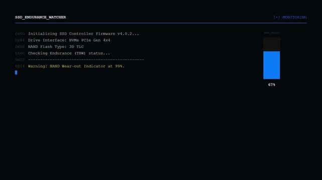 SSD Endurance Watcher Screen with NAND Wear Out Indicator Warning and Read Only Permanent Lock Error Terminal.
