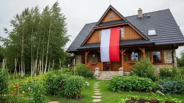 Traditional Polish Country House with Vegetable Garden and National Flag