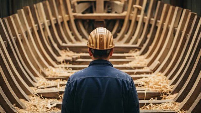 Male shipwright wearing hard hat inside traditional wooden boat frame under construction