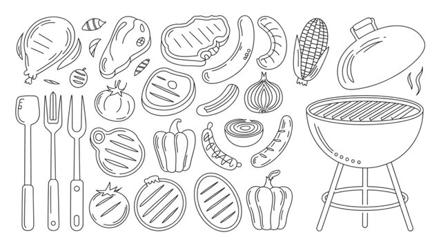 BBQ Grill Essentials Line Art Set  Chicken, Steak, Sausage, and Vegetables with Classic Barbecue Tools Illustration Collection