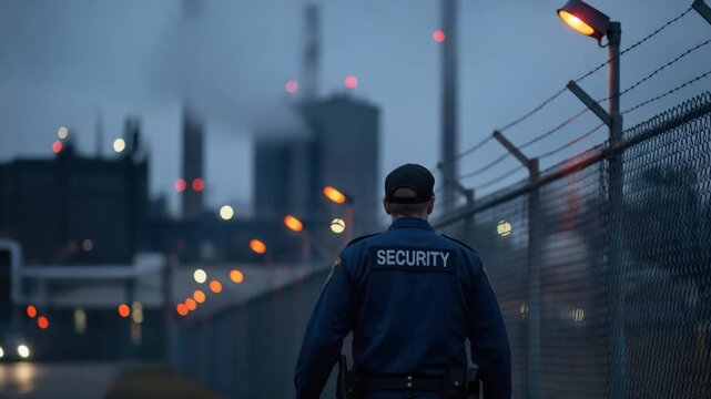 Caucasian male security officer guarding critical infrastructure facility at dusk