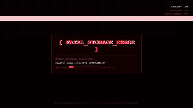 Fatal Storage Error Screen with Data Integrity Compromised Status and Failed Recovery Progress Terminal.
