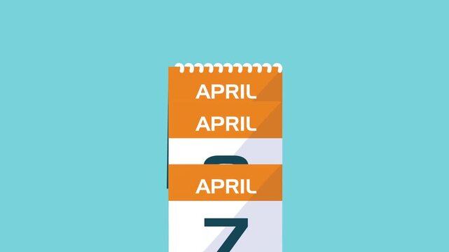 Animation of vertical calendar flipping through days of April and stopping on fifteenth day against blue background.