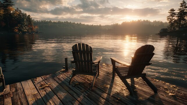 Two wooden chairs sit on a dock overlooking a calm lake with a bright sunset in the distance