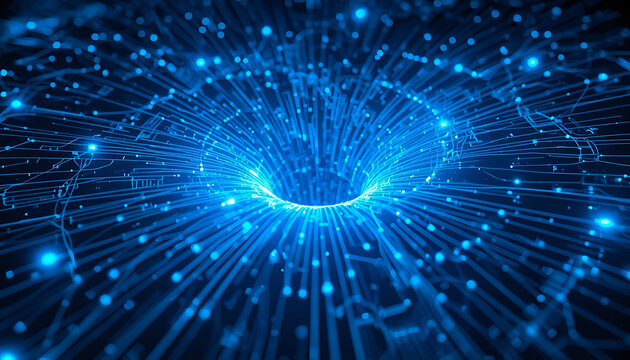 Vortex of blue light swirls through a complex web of digital connections and glowing nodes, illustrating data flow, high-speed information transfer, and advanced computing network dynamics.