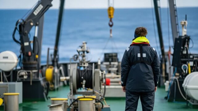 Female Marine Biologist on Research Vessel Deck Monitoring Oceanographic Equipment